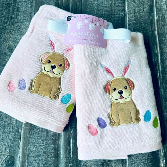 Easter Bunny Dog Eggs Embroidered Pink Bathroom Hand Towels Set - Picture 1 of 1
